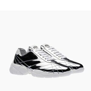 NWT Miu Miu Low Top Sneakers Metallic Silver Chunky Rubber Sole Stitching